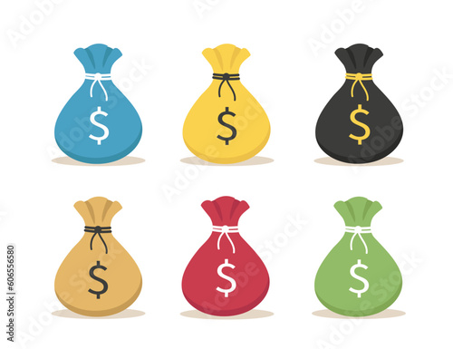 Set of money bags of different colors on a white background. Vector illustration in flat style. 
