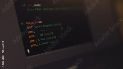 Programming on python on a computer. Video of technology. Hacker on website hacking a software. Coding video teaching network security. Digital engineer. Programmer working. CSS and javascript trojan.