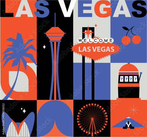 Fototapete Las Vegas culture travel set, famous architectures and specialties in flat design