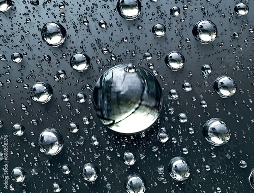 Top-Down Perspective of Rain Droplets on Glass Table, Intricate Patterns, Various Sizes, Clear White Background, Ultra-Realistic Photography, Generative AI, Generative, KI