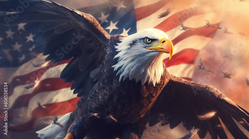 eagle with USA American flag patriotic background. Freedom, patriotism. AI generated image.