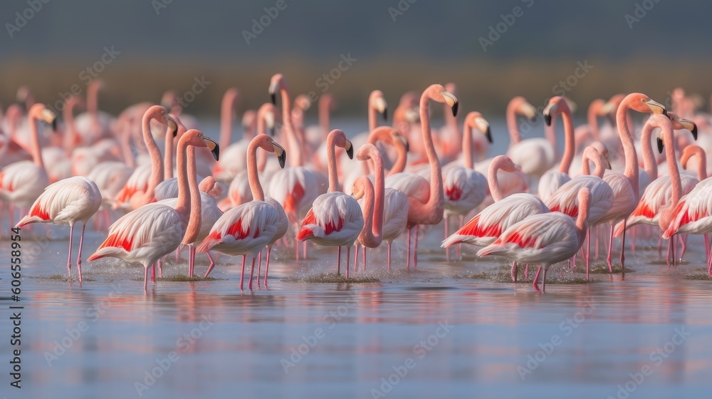 Obraz premium A group of flamingos creating a beautiful gradient of pink hues as they gather in the calm waters, creating a serene and tranquil scene