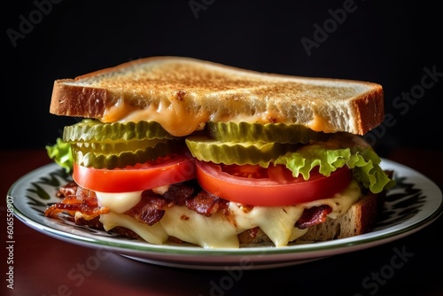 colby jack cheese sandwich with fresh lettuce, tomatoes, and pickles on a plate