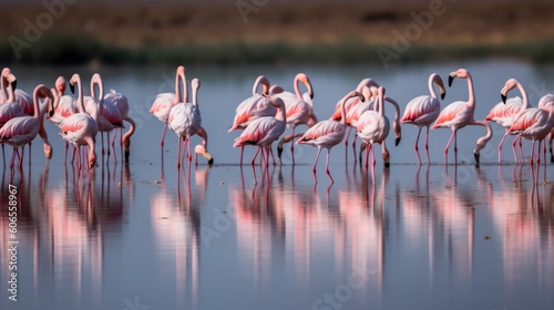 A captivating image of flamingos in synchronized motion, their graceful postures and vibrant plumage creating a stunning visual display