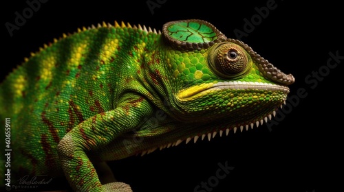 A chameleon extending its long  curling tongue to capture an unsuspecting insect  capturing the agility and precision of its hunting technique