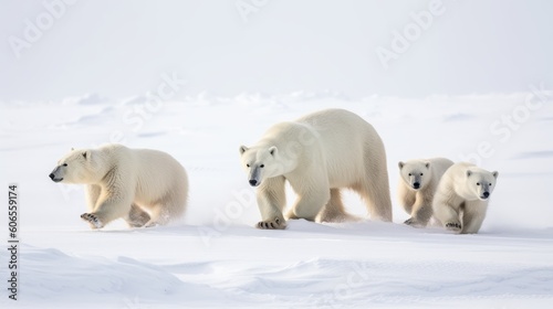 A polar bear leading its family across a frozen tundra, their powerful strides echoing their resilience in the harsh Arctic environment