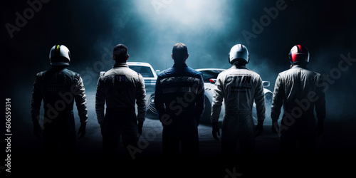 Five men standing their backs to camera. Car racers look at the white rally cars in front of them. Black backdrop with white smoke. Generative AI.