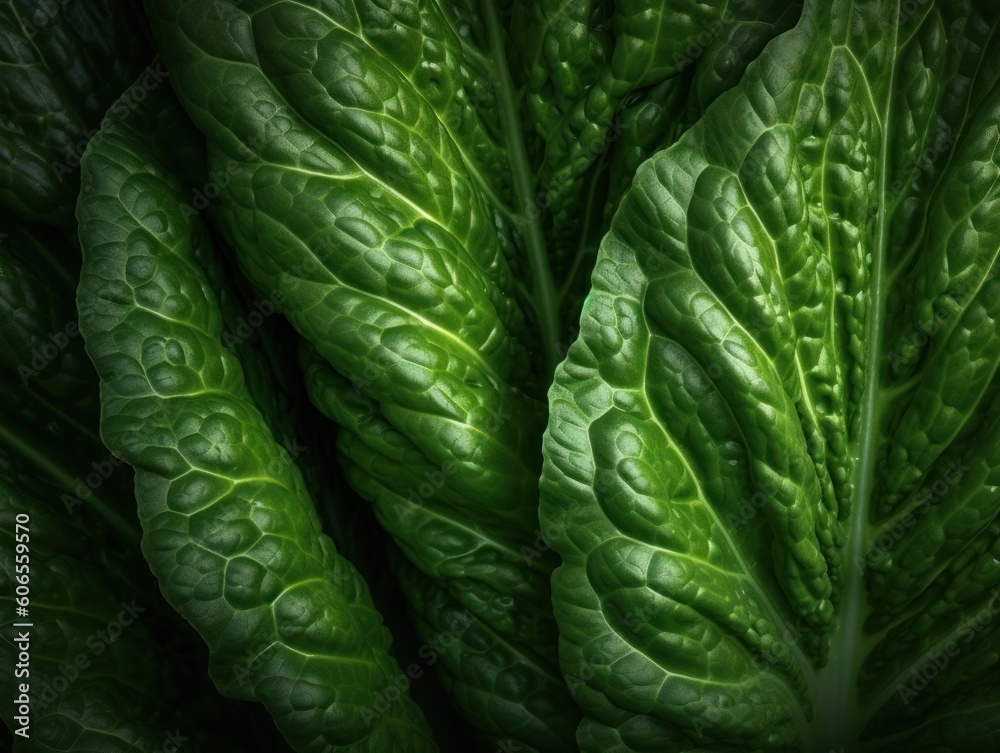 Romaine lettuce leaf, close-up showing its intricate patterns and texture Romaine lettuce leaf, close-up showing its intricate patterns and texture
