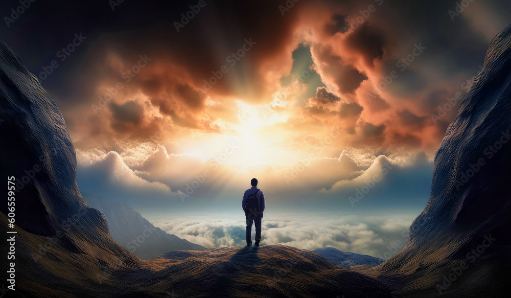 Rear view of the tourist with backpack standing on the mount. Hiker watches the sun hiding behind the heavy clouds. Generative AI.