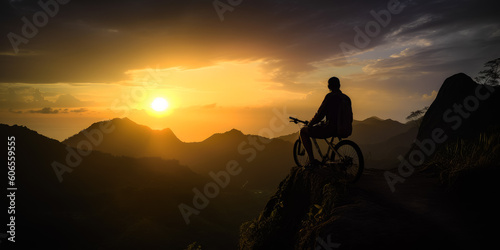 Silhouette of a man sitting on a bike on top of the mount. Biker watching the beautiful sunset. Generative AI.