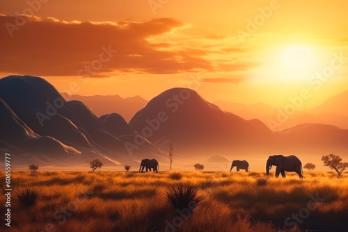 Elephants walking by the grass in savannah. Beautiful animals at the backdrop of mountains at sunset. Generative AI.