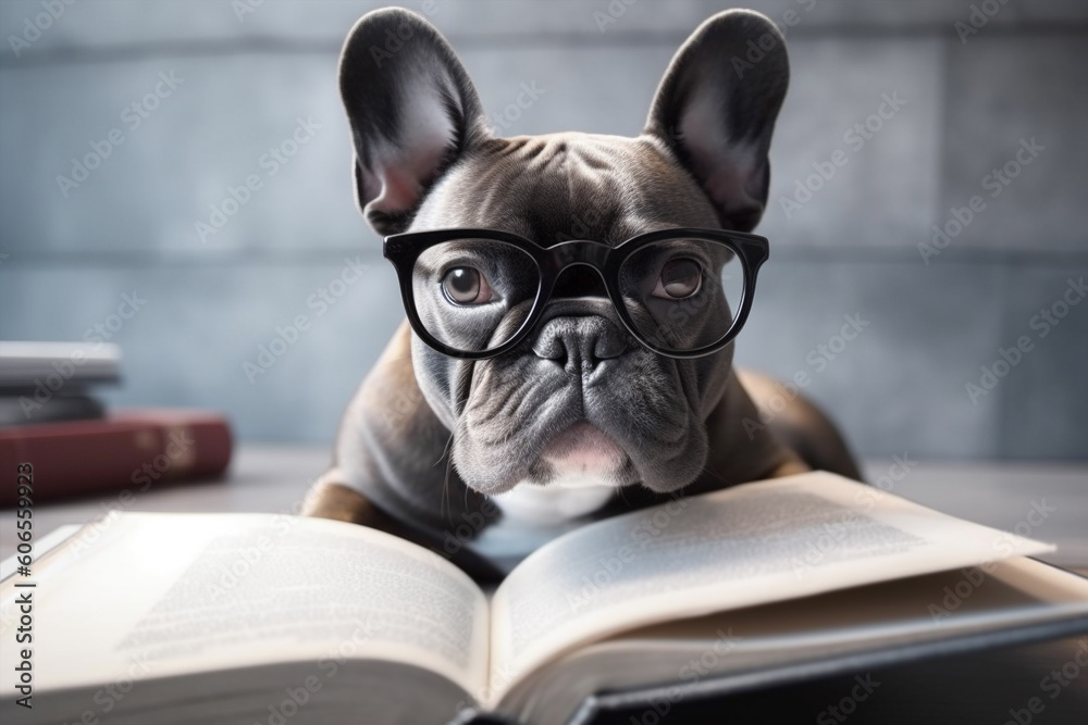 Smart French Bulldog dog with reading glasses and book. Generative AI illustration Smart French Bulldog dog with reading glasses and book. Generative AI illustration