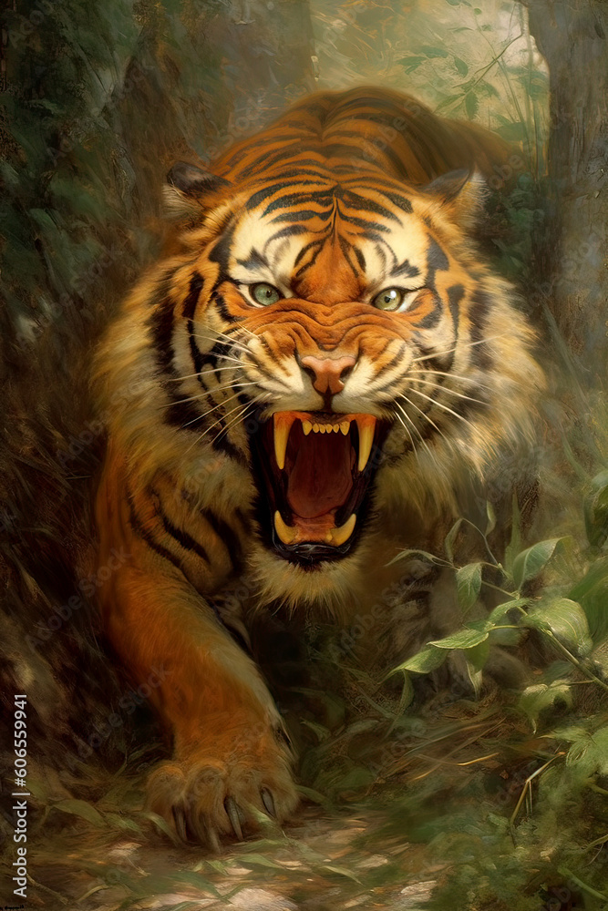 Fototapeta premium A snarling tiger stalks out of the underbrush of the jungle. With a penetrating stare, this ultimate wild animal predator advances towards you with its savage teeth bared. Generative AI