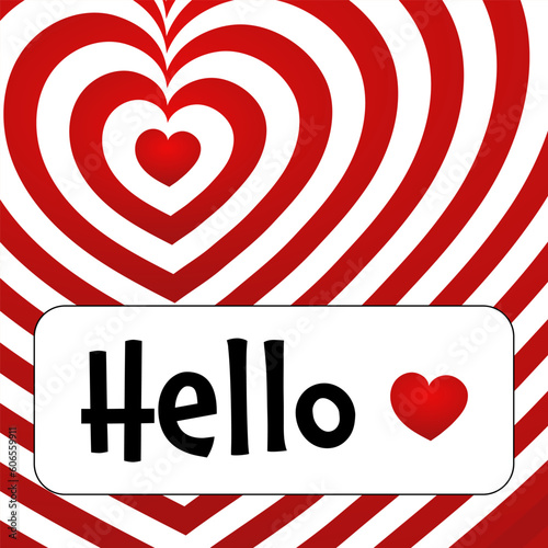 Hello - Schriftzug in englischer Sprache - Hallo. Grußkarte mit roten und weißen Herzen.