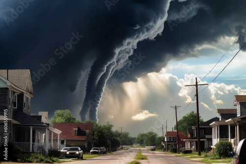 Threatening tornado approaching the town. Dark grey clouds covering the sky. Generative AI. photo