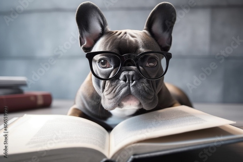 Smart French Bulldog dog with reading glasses and book. Generative AI illustration
