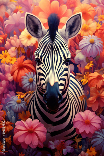 Zebra in a bed of flowers. Generated by AI