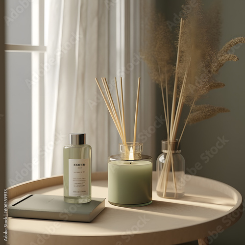 An incense diffuser and a candle on a table top with generative AI Technology