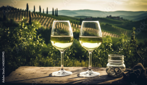 Two glasses of white wine on the stony surface. Beautiful sunny vineyard hills at backdrop in blur. Generative AI.