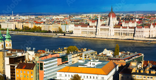 View of Budapest with Hungarian Parliament building on bank of Danube