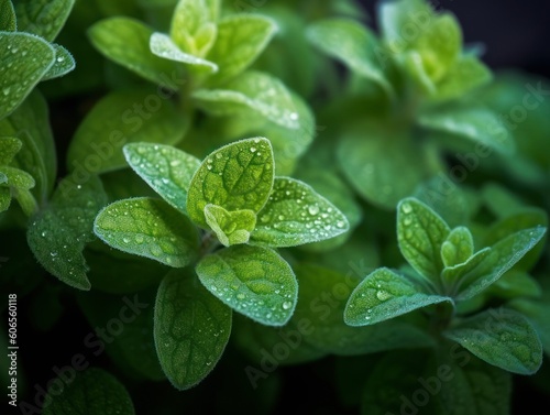 fresh oregano leaves with tiny dewdrops on their surface