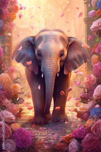 Elephant in a bed of flowers. Generated by AI