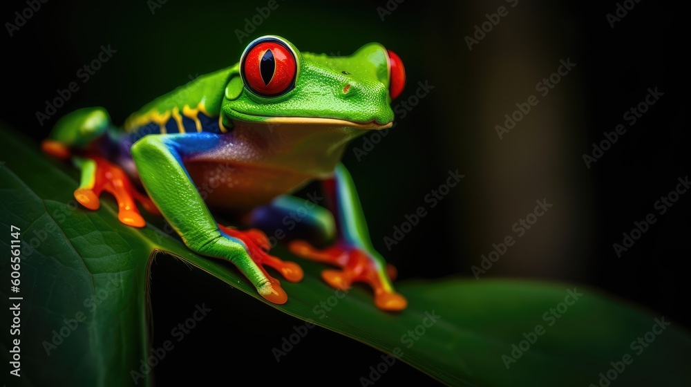 A magical scene of a Red-eyed Tree Frog basking in the golden sunlight amidst tropical foliage A magical scene of a Red-eyed Tree Frog basking in the golden sunlight amidst tropical foliage