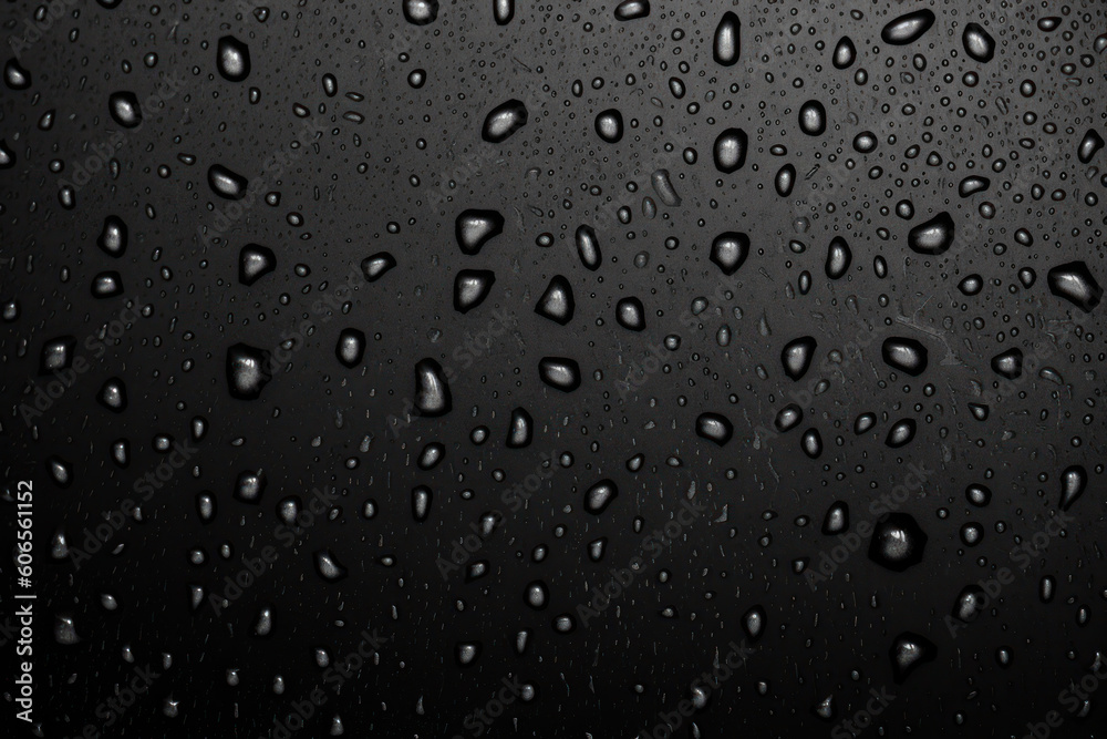 Water drops on a black leather surface. Close up water drops on black background. Abstract black wet texture with bubbles on plastic PVC surface or grunge. Realistic pure water droplets condensed. AI Water drops on a black leather surface. Close up water drops on black background. Abstract black wet texture with bubbles on plastic PVC surface or grunge. Realistic pure water droplets condensed. AI