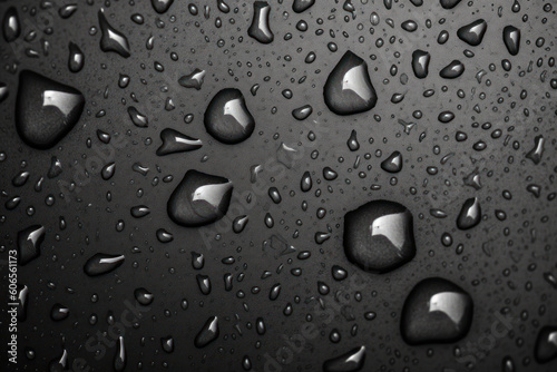 Water drops on a black leather surface. Close up water drops on black background. Abstract black wet texture with bubbles on plastic PVC surface or grunge. Realistic pure water droplets condensed. AI