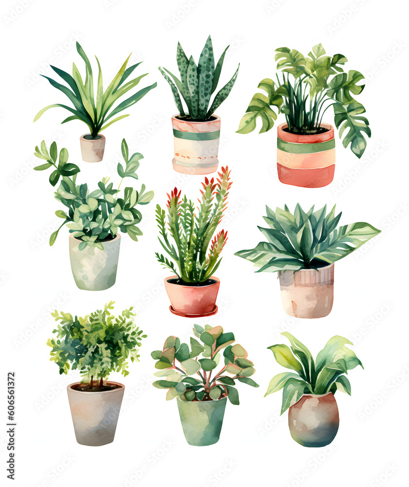 Obraz premium Collection of watercolors depicting assorted indoor plants in various pots, capturing the lush greenery and vitality of houseplants