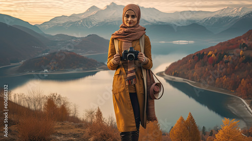 The Beauty of Nature Through a Muslim Woman's Lens: A Photographer in a Scenic Background, generative ai