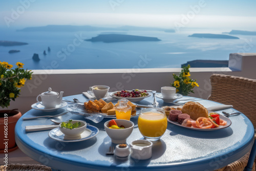 Breakfast on the veranda of the hotel with a magnificent view of the Greek island and the sea. AI