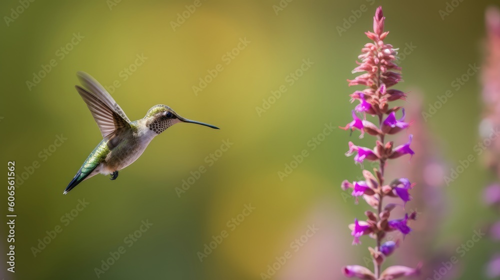 Its iridescent feathers shimmer as it hovers in mid-air Its iridescent feathers shimmer as it hovers in mid-air