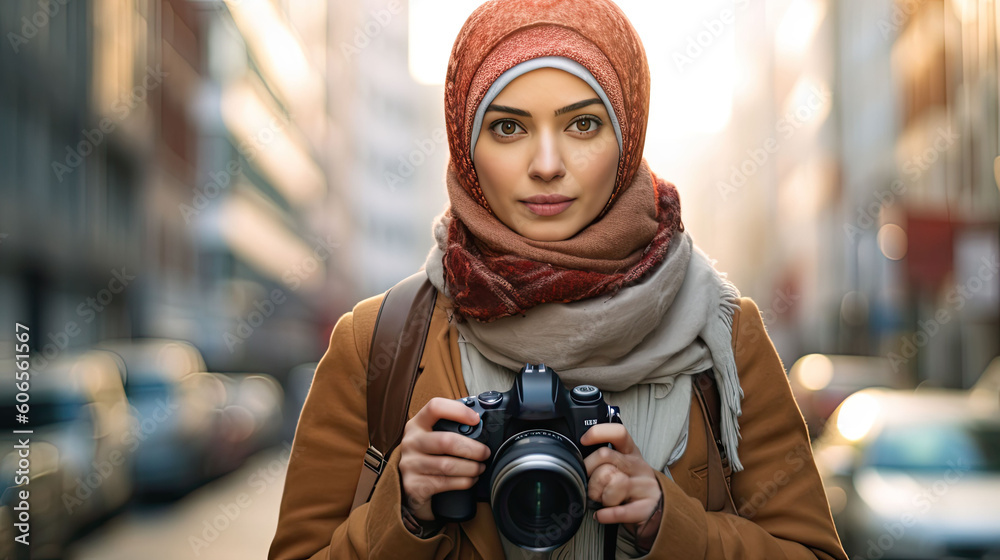 The Beauty of Diversity: A Muslim Hipster Girl Traveler Capturing City Life with a Camera, generative ai The Beauty of Diversity: A Muslim Hipster Girl Traveler Capturing City Life with a Camera, generative ai
