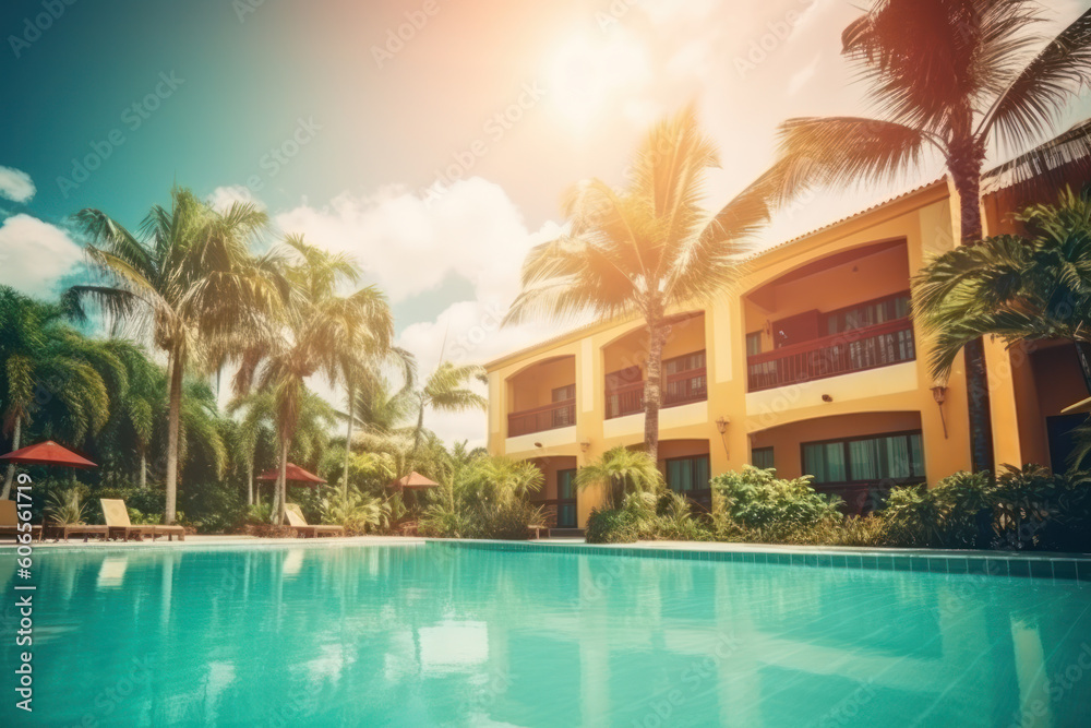 Tropical front hotel resort with swimming pool, sun-loungers and palm trees during a sunny day. Concept summer holiday. AI