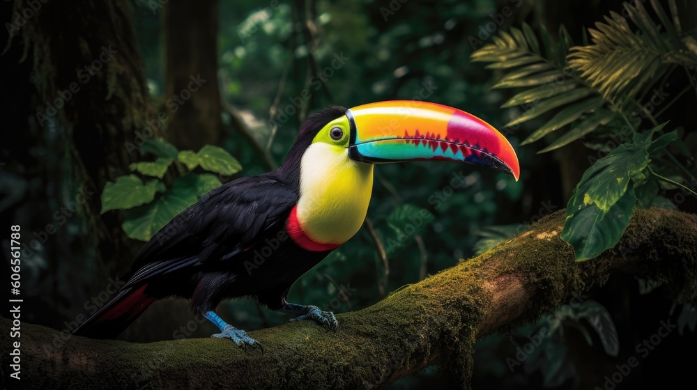 Obraz premium With its piercing gaze and expressive eyes, a close-up of a toucan exudes wisdom and curiosity