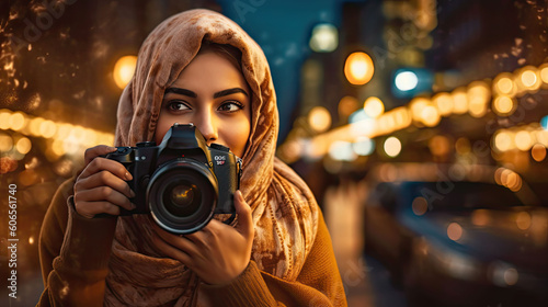 winter holidays, photography and people concept - happy smiling woman Muslim hijab, generative ai