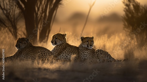 Under the shade of a tree, a cheetah sits with its family, sharing a moment of togetherness