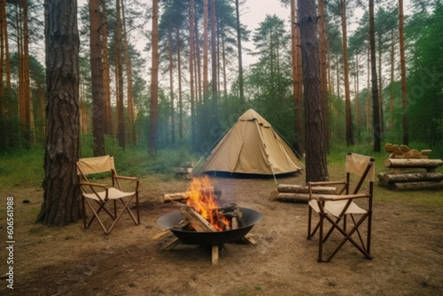 Beautiful bonfire with burning firewood near chairs and camping tent in forest. Campfire by a chairs and a tent. AI