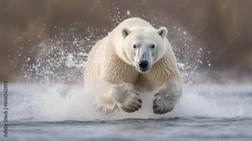 Fototapeta premium With unmatched agility, the polar bear defies boundaries, running on water