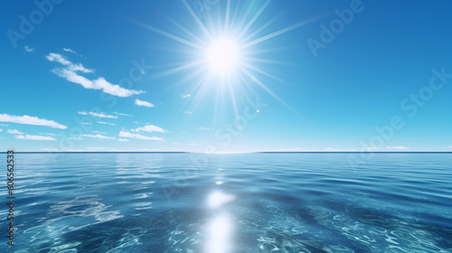 Sun is shining directly overhead of the calm waters of a lake, Generative AI