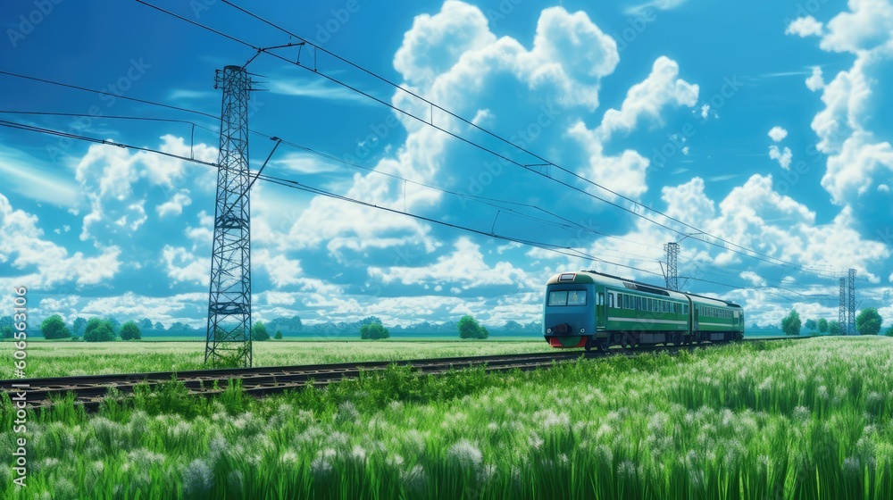 The Future of Sustainable Transportation: An Electric Train Moving Through a Green Landscape, generative ai The Future of Sustainable Transportation: An Electric Train Moving Through a Green Landscape, generative ai