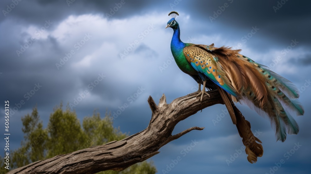 Graceful and proud, the peacock displays its magnificent tail feathers Graceful and proud, the peacock displays its magnificent tail feathers