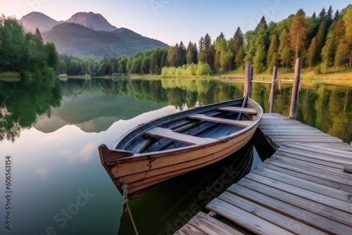Wooden boat parked next to a old wooden dock at evening with mountains on background. Reflection of the forest in the green water. Beautiful sunny day. AI
