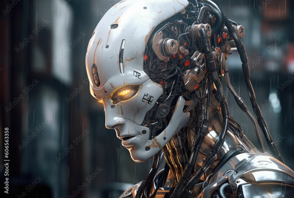 Cyborg, ai and alien robot on mockup in futuristic technology, generative ai