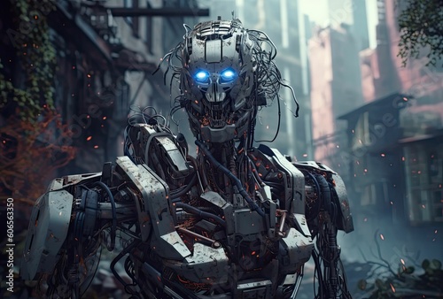 Cyborg, ai and alien robot on mockup in futuristic technology, generative ai