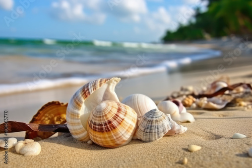 Landscape with shells on tropical beach, sea snail. AI