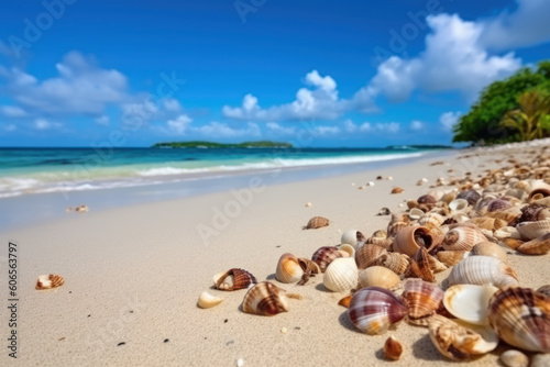 Landscape with shells on tropical beach, sea snail. AI