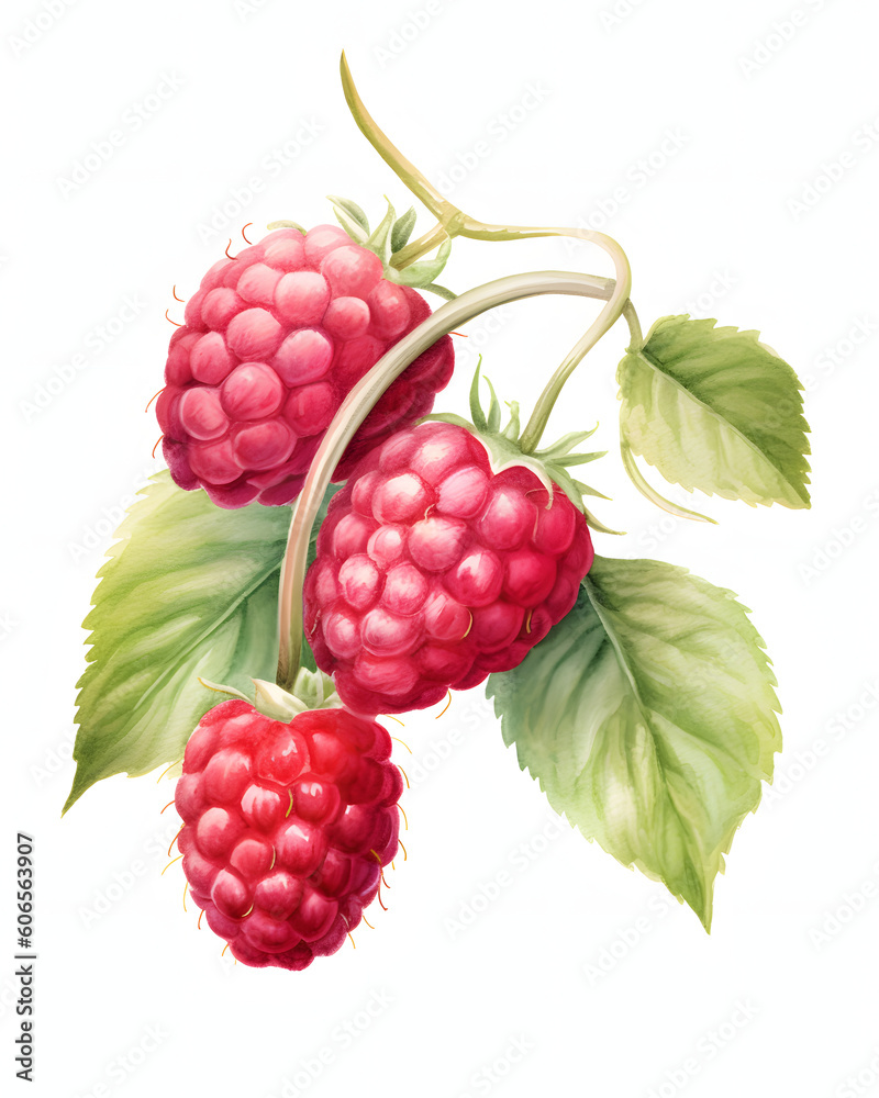 Watercolor Raspberry with green leaves and a stem isolated on white background Watercolor Raspberry with green leaves and a stem isolated on white background