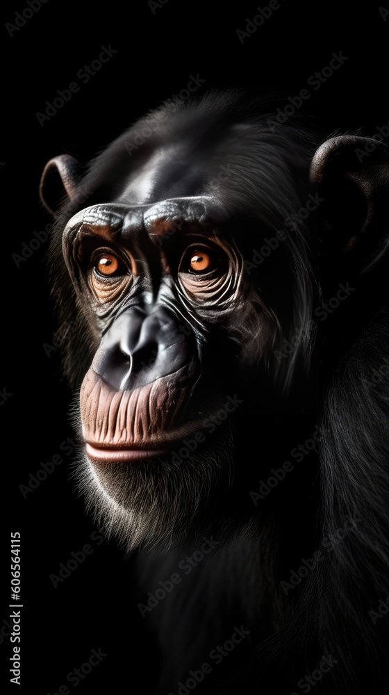Through a close-up lens, the ape's expressive eyes convey a deep intelligence Through a close-up lens, the ape's expressive eyes convey a deep intelligence